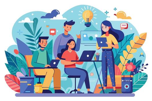An illustration of four people working together on a project in a modern office setting. They are surrounded by plants and technology, suggesting a collaborative and innovative environment. vector