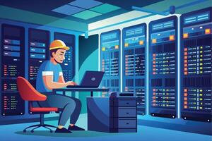 A computer tech is seen in a server room at night, working on a laptop. The room is packed with server racks, and the tech is seated at a desk. vector