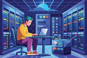 In a server room, a man works on a laptop at a desk surrounded by server racks, lights, and screens. A cloud icon on the ceiling symbolizes cloud computing. vector