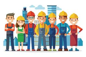 A group of seven cartoon construction workers wearing hard hats and overalls are standing in front of a city skyline, smiling and looking happy. vector