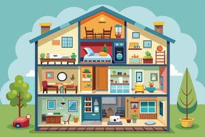 A colorful cartoon illustration depicting a multi-level house with various rooms and furniture. Each level is sectioned off to show the interior of the home. vector