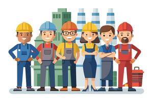 A group of six diverse workers, all smiling and wearing hard hats, stand in front of a factory building. vector