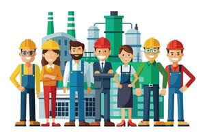 A diverse group of seven smiling workers stand in front of an industrial factory. They are wearing various work uniforms and hard hats. vector
