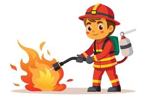 An illustration of a cartoon firefighter character in a red uniform, helmet, and boots, standing with a hose spraying water on a fire. vector