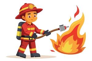 A cartoon illustration of a firefighter, wearing a helmet and red uniform, uses a hose to extinguish a fire. vector