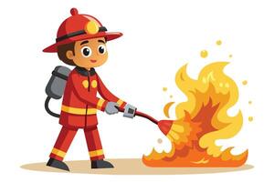 A cartoon illustration of a young firefighter in a red uniform using a hose to extinguish a fire. vector