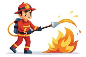 A cartoon firefighter in a red uniform is spraying water from a hose onto a small fire. The firefighter is determined to extinguish the flames and keep everyone safe. vector