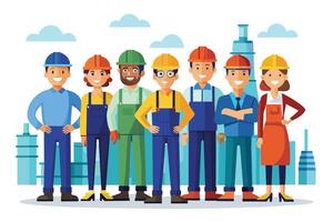 A group of construction workers, both male and female, of different ethnicities and in a variety of uniforms, stand together smiling in front of a city skyline. vector