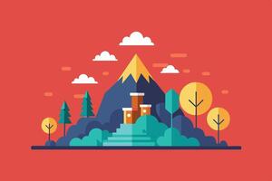 Flat design illustration of a mountain landscape with buildings, trees, and white clouds in the sky, set against a vibrant red background. vector