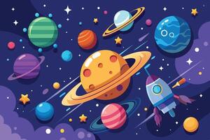 A vibrant cartoon illustration depicting a spaceship traveling through outer space surrounded by colorful planets, stars, and nebulae. vector