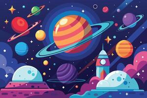 An illustration featuring colorful cartoon planets, stars, and a spaceship, set against a deep blue space background. vector