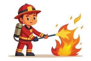 A young cartoon firefighter, wearing a red helmet and uniform, holds a hose and aims it at a small fire. He is standing on a white background. vector
