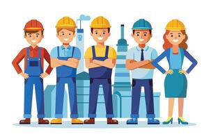 A group of five construction workers, including one woman, are standing in front of a factory building. All workers are wearing hard hats and smiling. vector