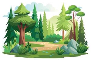 A cartoon illustration of a winding path through a lush green forest on a sunny day. Tall trees, rocks, and green foliage surround the path, creating a serene and inviting scene. vector