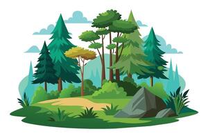 A vibrant illustration of a forest scene with green trees, a path, a rock, and a clear blue sky with white clouds. vector
