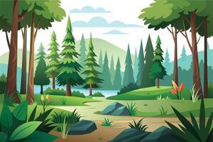 A digital illustration depicting a peaceful forest scene with a dirt path winding through tall pine trees, a river, and green foliage. vector