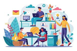 Four people collaborate in a busy office - one on a laptop, one at a desk, one standing. The image shows modern workplace teamwork. vector
