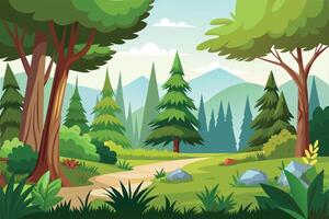 A cartoon illustration of a winding path leading through a lush green forest. Tall trees line the path, and mountains can be seen in the distance. vector