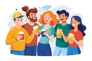 A group of friends stand together smiling and toasting their drinks. The illustration depicts a casual, social setting with a joyful and celebratory atmosphere. vector
