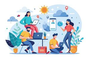 An illustration of four people working together on laptops and smartphones. The people are diverse and represent different genders. They are working in a modern office setting. vector
