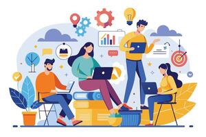 An illustration of a diverse team of professionals working together on a project, using laptops, gadgets, and other tools. vector