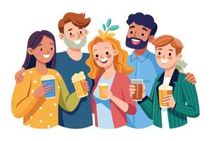 A group of four friends, two men and two women, are smiling and enjoying drinks together in a casual setting. vector