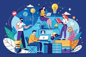 An illustration depicting a diverse team of four individuals working together on a creative project in a modern office environment. vector