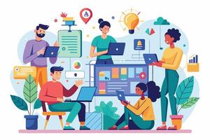 A diverse group of professionals collaborate on laptops in a modern office environment, demonstrating teamwork and innovation. vector