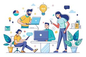 An illustration depicting a team of four diverse individuals collaborating on a project, utilizing technology such as laptops and smartphones. vector