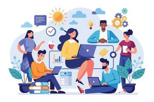 Illustration of a diverse team collaborating in a modern setting, using laptops for a positive work environment. vector