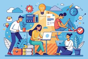 An illustration of four people working together on a project. The image depicts a team using laptops, documents, and a lightbulb symbolizing ideas. vector