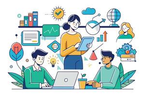 An illustration of three people working together on a project, with various icons representing their tasks and goals. vector