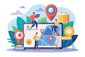 This illustration depicts people using an online map application to navigate their city. They are interacting with the map, locating points of interest, and planning their routes. vector