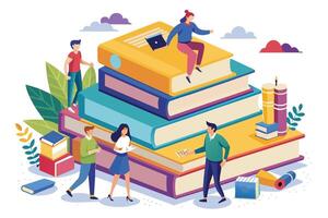 A group of people are studying and learning together, sitting and standing on a large stack of books. vector