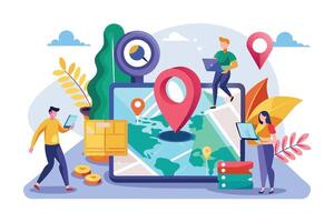 Visual of individuals utilizing digital map app on their devices to navigate and track deliveries, representing modern way of staying connected. vector
