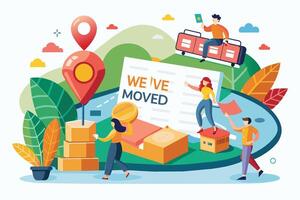 Illustration of people moving to a new location, with boxes, a map, and a sign that says Weve Moved. vector