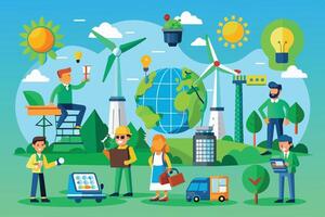 A diverse group of people are working together to protect the environment with renewable energy sources like wind and solar power. vector