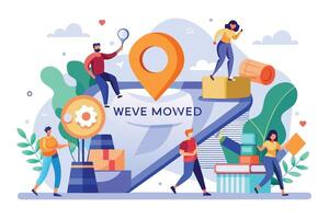 A colorful illustration of people carrying boxes and standing on top of a large, blue arrow with the words Weve Moved displayed on it. vector