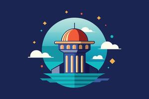 An illustration of a tower with a red dome, set against a background of clouds and the setting sun. vector