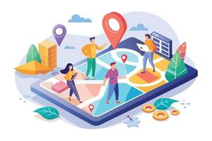 An illustration of people interacting with a digital map on a smartphone. vector