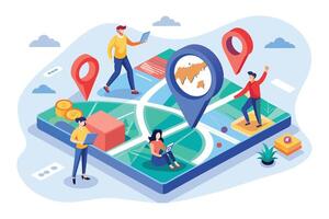People are using a mobile device with a map and location markers to navigate. The map has a blue pin in the center with a map of the world inside. vector