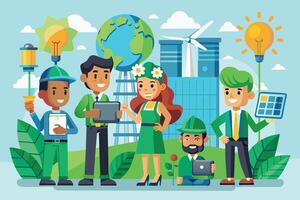 A colorful illustration depicting a group of diverse individuals working together towards sustainable living in a modern urban setting. vector