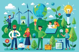 An illustration depicting diverse individuals engaged in environmentally friendly practices, showcasing the use of renewable energy sources like wind turbines and solar panels. vector