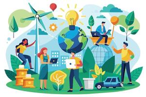 An illustration depicting individuals working together to create a sustainable future through green technology, environmental initiatives, and innovation. vector