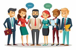 Diverse business professionals in business casual attire smile and converse while holding devices like smartphones and tablets against a white background. vector