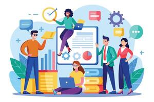 An illustration depicting a diverse team of individuals working together on a project. They are using charts, data, and technology to collaborate and achieve their goals. vector