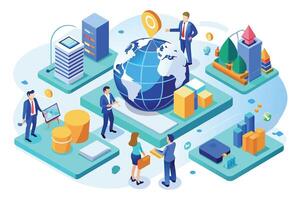 An illustration depicting business professionals collaborating and interacting with data and information around a global network, signifying international communication and connection. vector