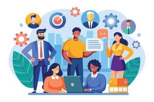 Illustration of diverse professionals working together, using a laptop and discussing ideas in a modern office. Shows collaboration and teamwork. vector