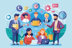 A diverse group of professionals collaborate on a business strategy and marketing plan, using technology and communication tools to achieve success. vector