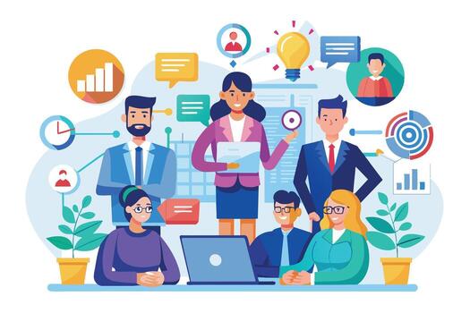 A group of diverse business professionals collaborate on a project in an office setting, showcasing a dynamic and inclusive work environment. vector